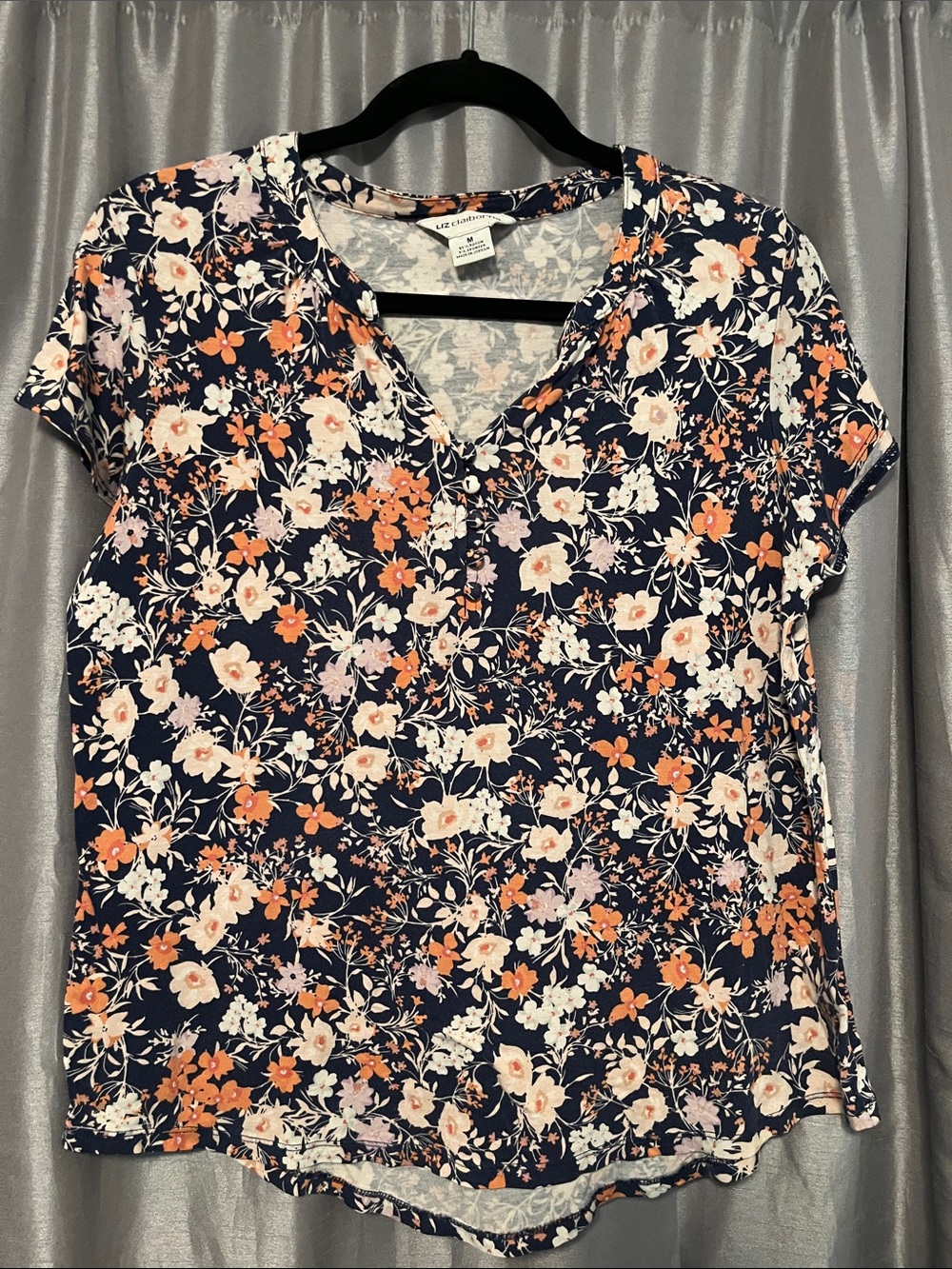 Liz Claiborne Navy Floral V-Neck Short Sleeve Blouse